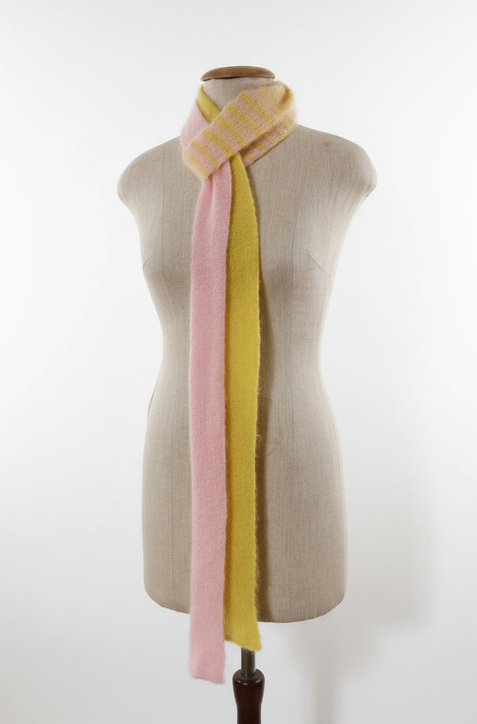 Unikat Fluffy Skinny Schal – Mohair/Wolle in Chartreuse & Rosa – Extra Lang (250cm)