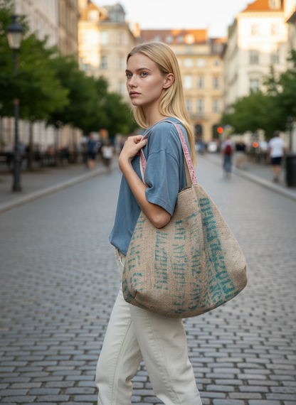 XL Shopper 'Trape' Natur - Vintage Kaffeesack, Leder rosa