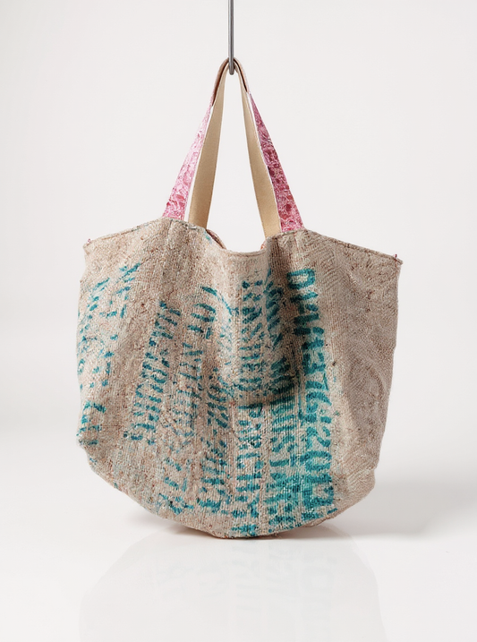 XL Shopper 'Trape' Natur - Vintage Kaffeesack, Leder rosa