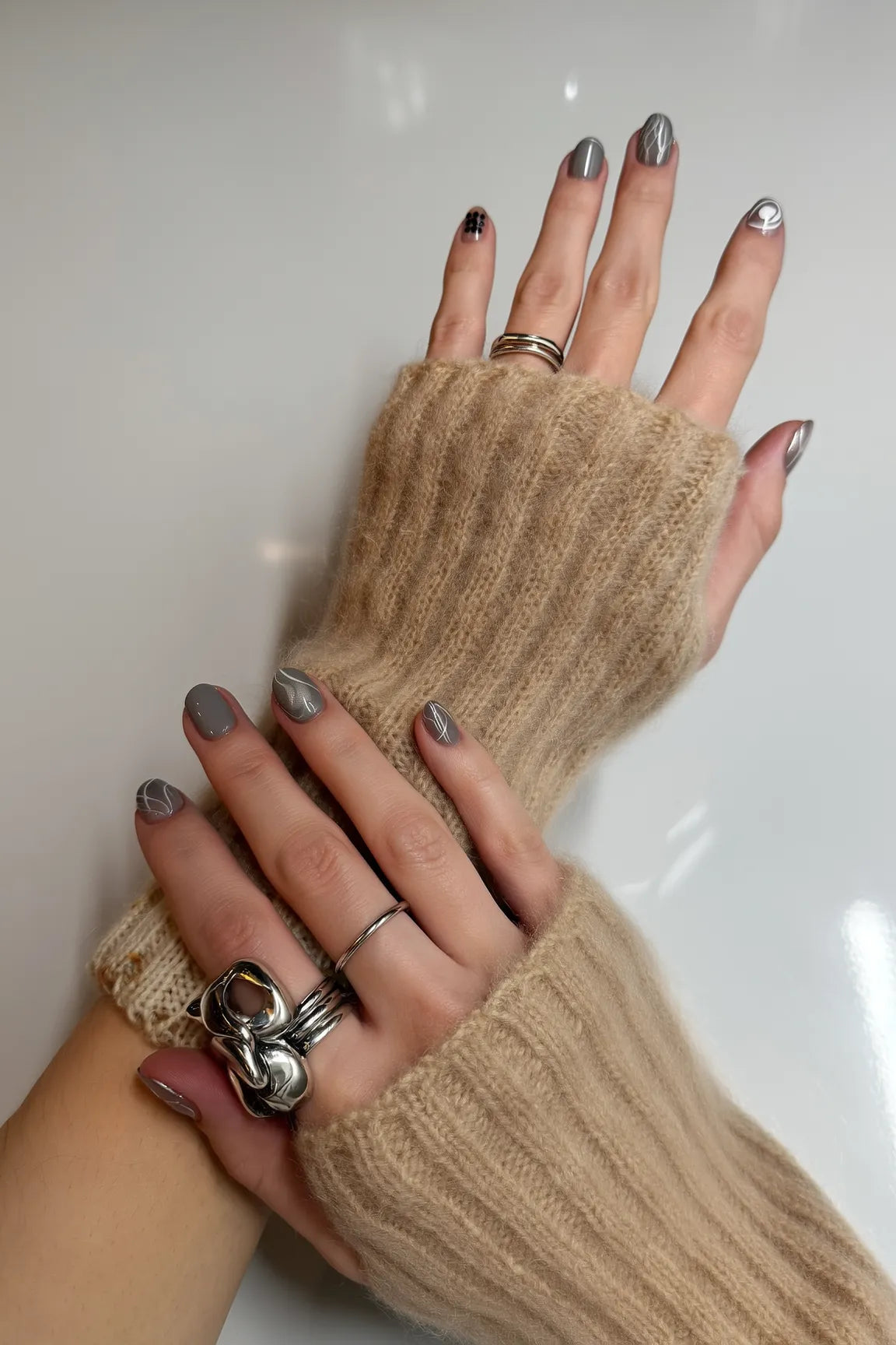 Fingerlose Handwärmer – Mohair & Merino – Beige Tweed