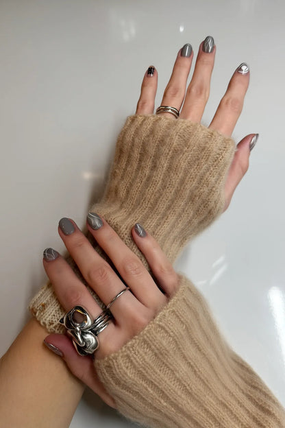 Fingerlose Handwärmer – Mohair & Merino – Beige Tweed