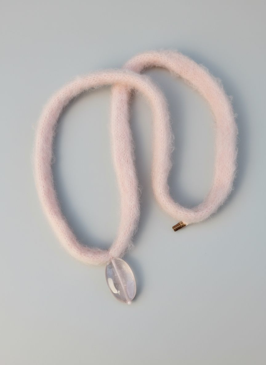 Luxuriöse Mohair-Halskette in Zartrosa | Handgefertigt mit Rosenquarz