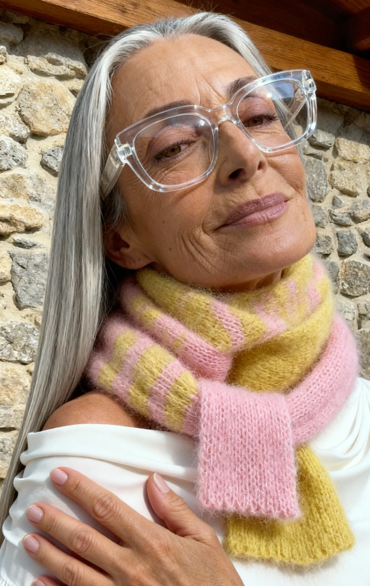 Unikat Fluffy Skinny Schal – Mohair/Wolle in Chartreuse & Rosa – Extra Lang (250cm)