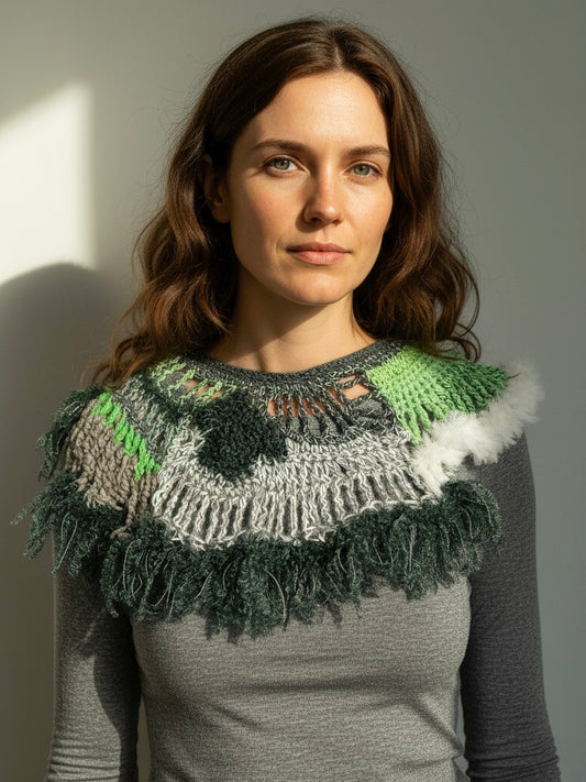 Green Tones knit neckpiece by pia Norden  worn by Lena